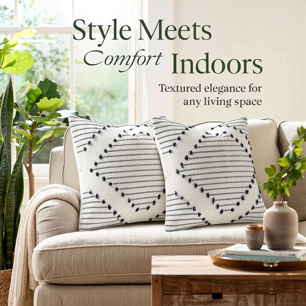 Mecatny Boho Outdoor Throw Pillow Covers 12x20 Set of 2 Navy & Cream White