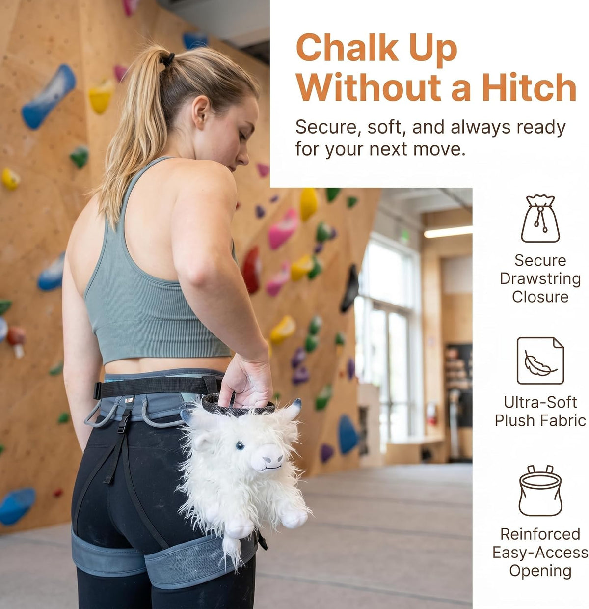 Highland Cow Plush Rock Climbing Chalk Bag, Cute Plush Animal，Drawstring Closure & Adjustable Belt，Bouldering & Gymnastics, Soft Fluffy Cow Chalk Pouch, Unique Climbing Gear Gift for Climbers