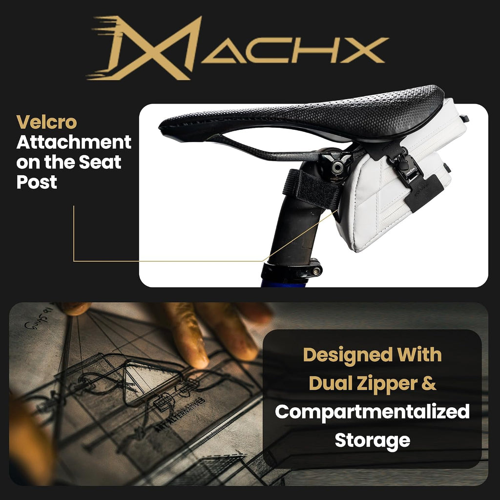 Lumiere & Co. Magnetic Quick-Release Bike Saddle Bag – Double Compartment, Low-Profile Brick Design, Designed with Fidlock's Magnetic Black V Buckle Attachment System, Mach X (White)