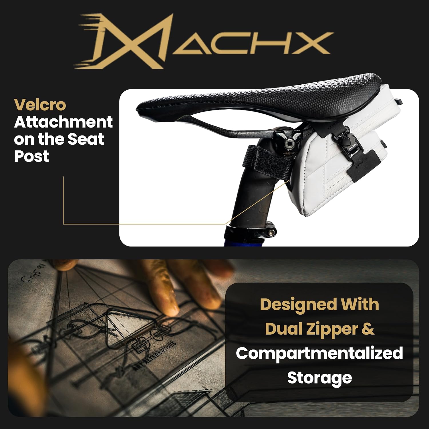 Lumiere & Co. Magnetic Quick-Release Bike Saddle Bag – Double Compartment, Low-Profile Brick Design, Designed with Fidlock's Magnetic Black V Buckle Attachment System, Mach X (White)