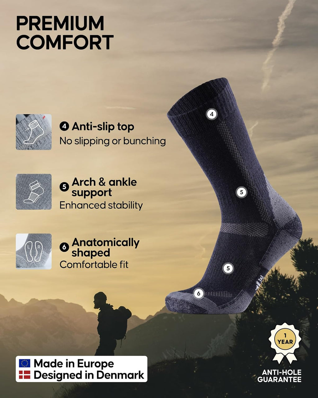 DANISH ENDURANCE Hiking Socks, Merino Wool, Anti-Blister, 3 & 5-Pack