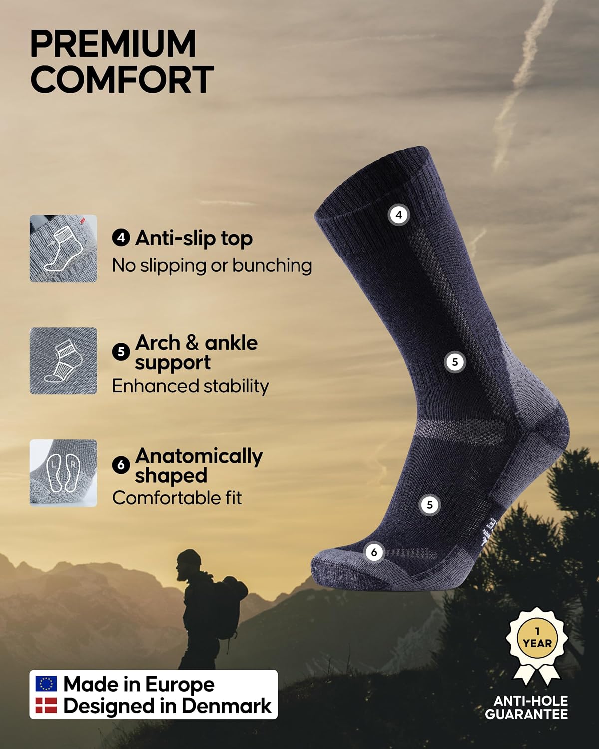 DANISH ENDURANCE Hiking Socks, Merino Wool, Anti-Blister, 3 & 5-Pack