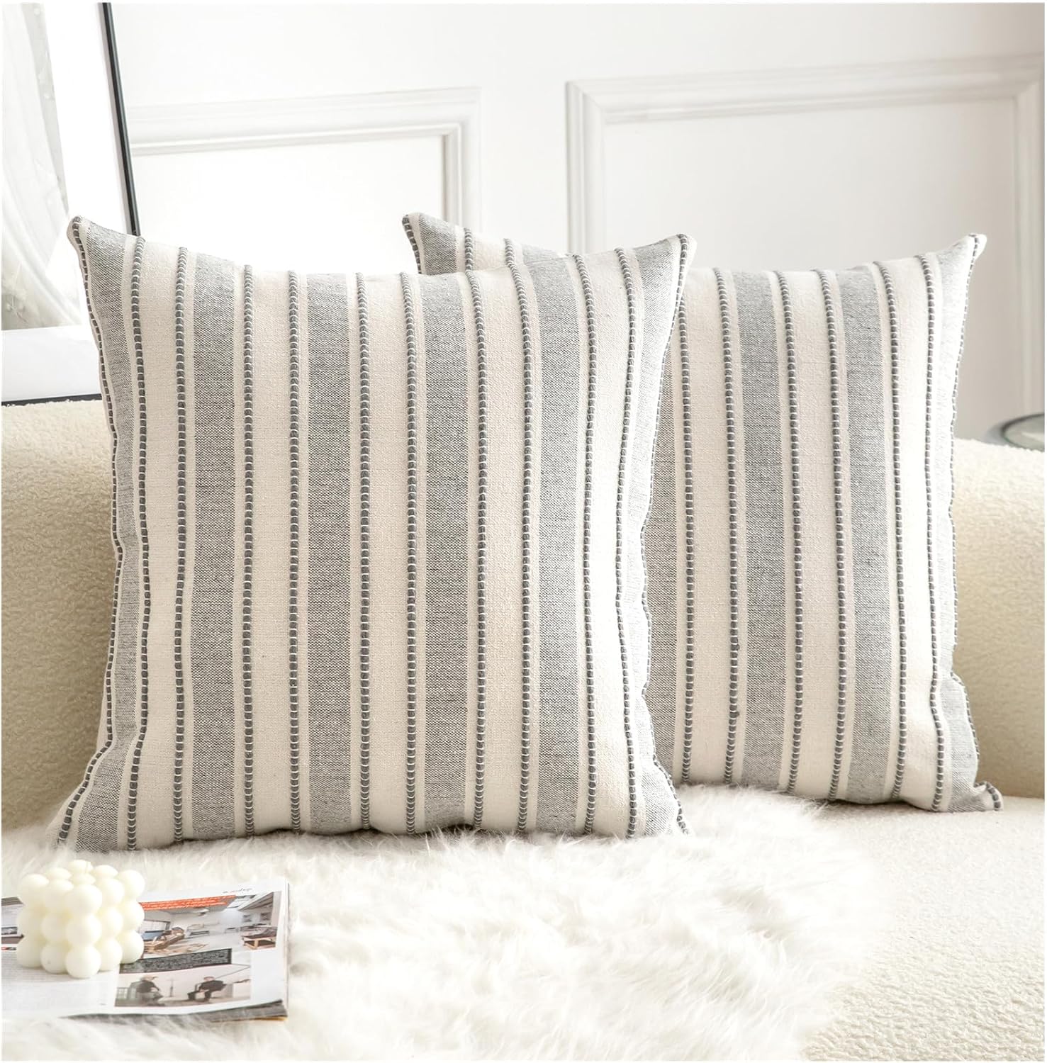 Cethom Decorative Boho Throw Pillow Covers, Farmhouse Textured Pillow Case, 18 x 18 Inch Set of 2, Chair Sofa Bedroom Living Room Home Decor Couch Cushion Case, Grey and Beige Striped