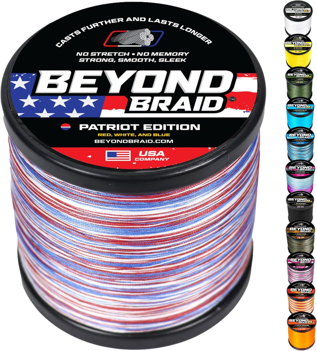 Beyond Braid Braided Fishing Line -Super Strong - Abrasion Resistant - No Stretch -Blue Camo, Moss Camo, White, Green, Pink, Blue, 4 Strand 8 Strand
