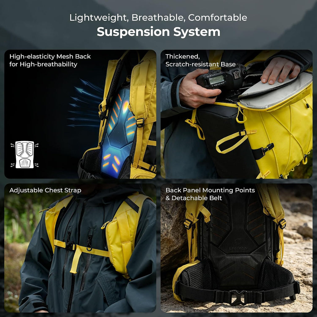 LEOFOTO 35L Camera Backpack for Photographer, Lightweight Waterproof Travel Camera Bag for Camera/Drone/15.6" Laptop, Photopraphy Bag with Side Access & Rain Cover, Tripod Compatible, 2.65KG - YELLOW