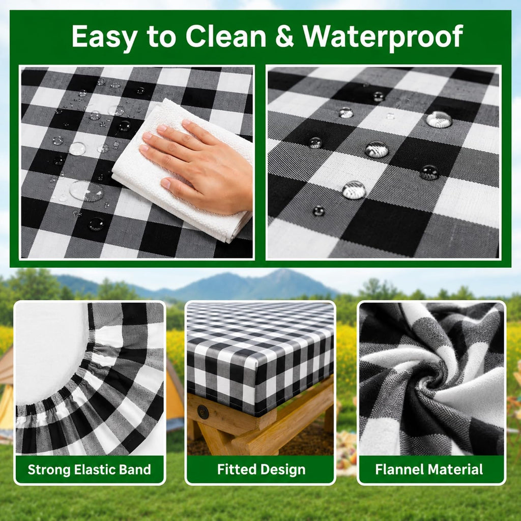 Vinyl Fitted Picnic Table Cover with Bench Covers & Bag 6ft Black Checkered | Rnoony Outdoor Waterproof, Windproof Tablecloth with Elastic Edges. Camping RV Gear Campers Must Have 72x30 Inches