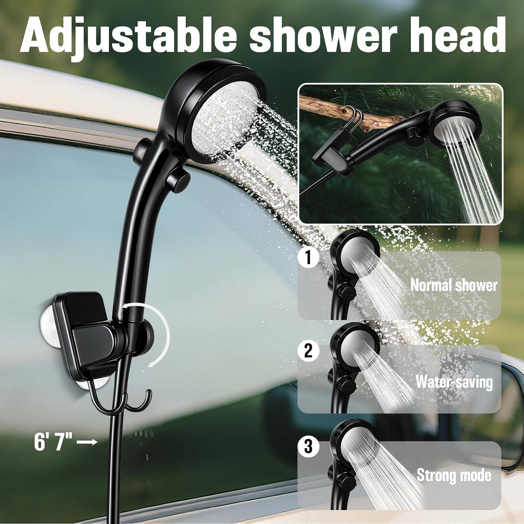 Portable Shower with Heater, Pop up Shower Privacy Tent with LED Lights, 6000mAh Camp Shower Pump, 6.6 Gallons Foldable Bucket, Outdoor Camping Shower Kit for Hiking, Beach, Pet Bath, Car Wash (Black)