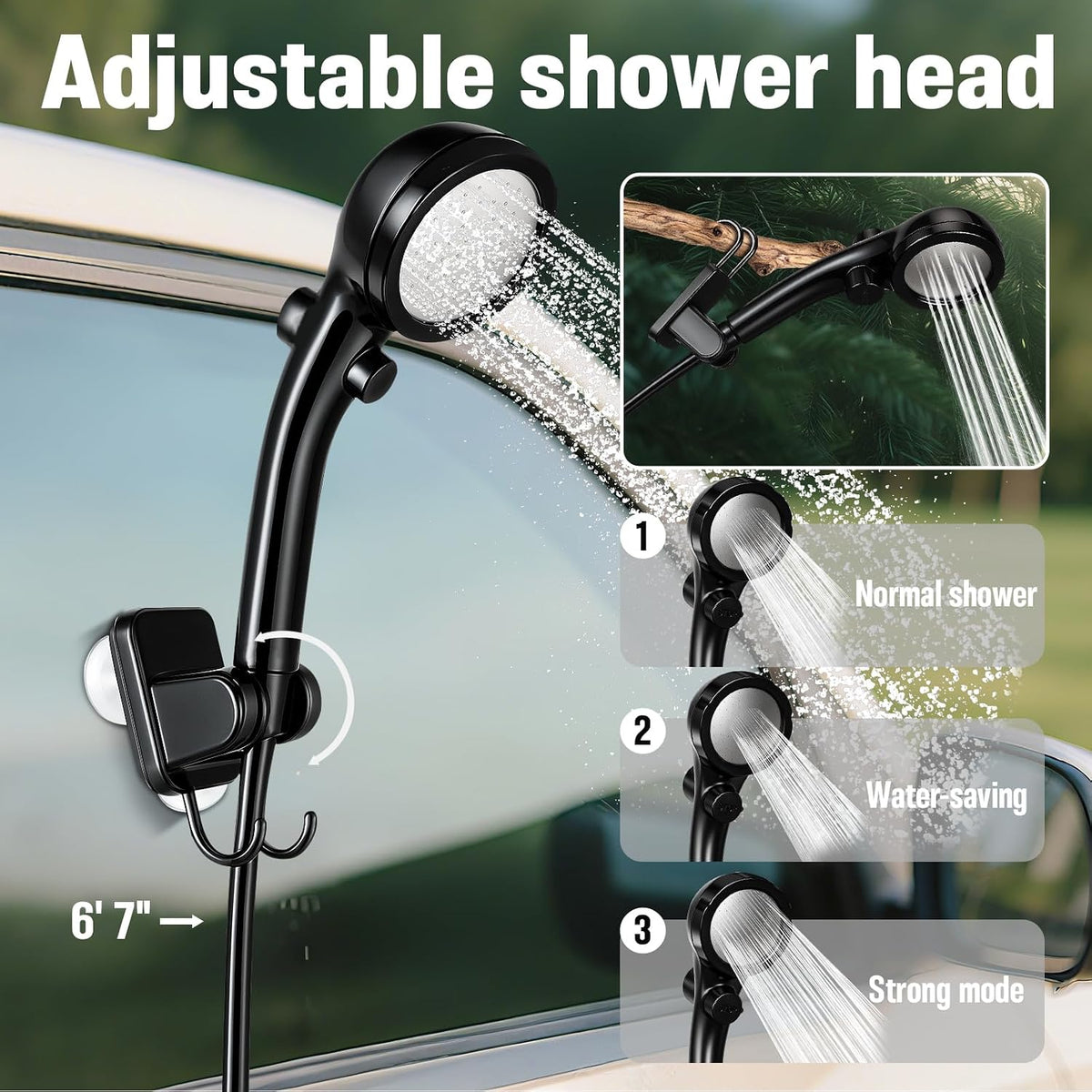 Portable Shower with Heater, Pop up Shower Privacy Tent with LED Lights, 6000mAh Camp Shower Pump, 6.6 Gallons Foldable Bucket, Outdoor Camping Shower Kit for Hiking, Beach, Pet Bath, Car Wash (Black)