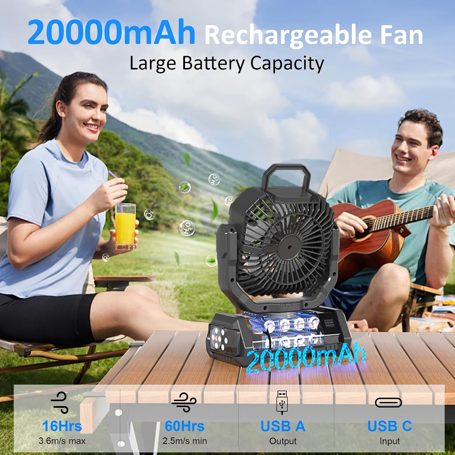 Honesorn 20000mAh Camping Fan Rechargeable with LED & Light Remote, Black