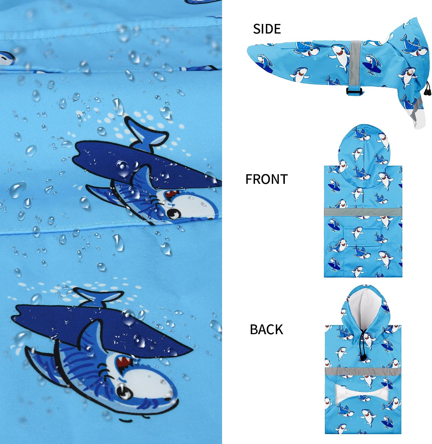 NACOCO Large Dog Raincoat Adjustable - Pet Shark Water Proof Clothes Lightweight Rain Jacket Poncho Hoodies with Strip Reflective Blue (L, Blue Shark)