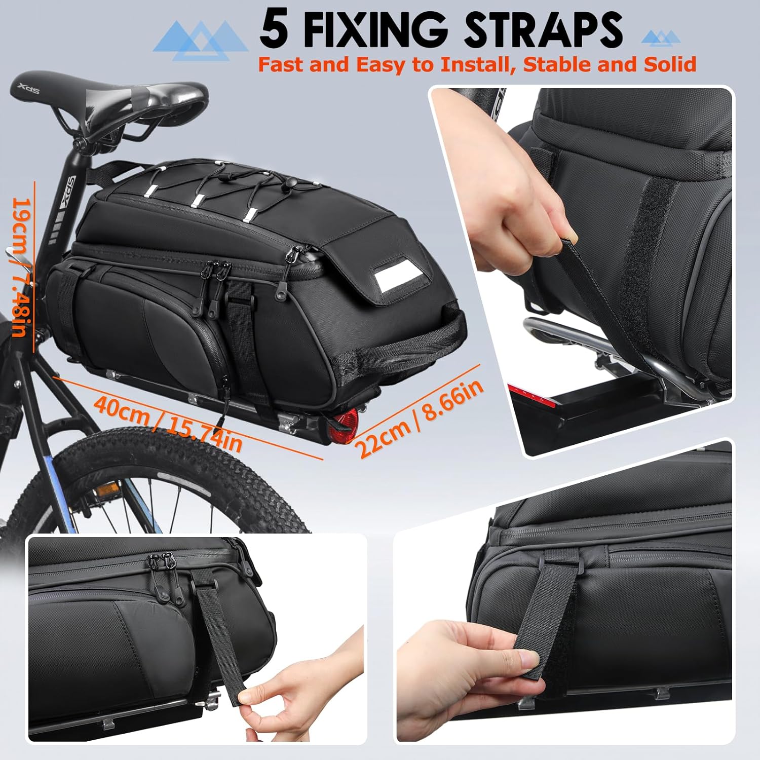RAINSMORE Bike Bag for Bicycle Rear Rack 15L Waterproof Ebike Trunk Bag