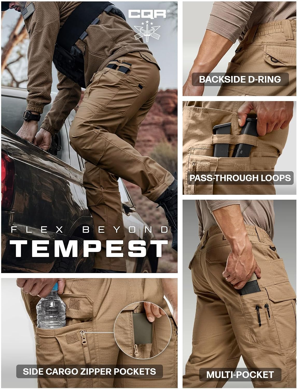 CQR Men's Flex Stretch Tactical Pants, Water Resistant Ripstop Cargo Pants, Lightweight EDC Outdoor Work Hiking Pants