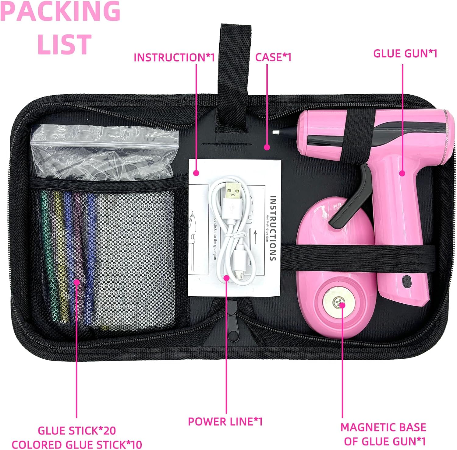Liumai Cordless Hot Glue Gun Kit with 30pcs Mini Glue Sticks, USB Rechargeable Mini Glue Gun with Carrying Case, Stand-Up Base, Smart Power-Off Hot Melt Glue Gun for Crafting, Pink