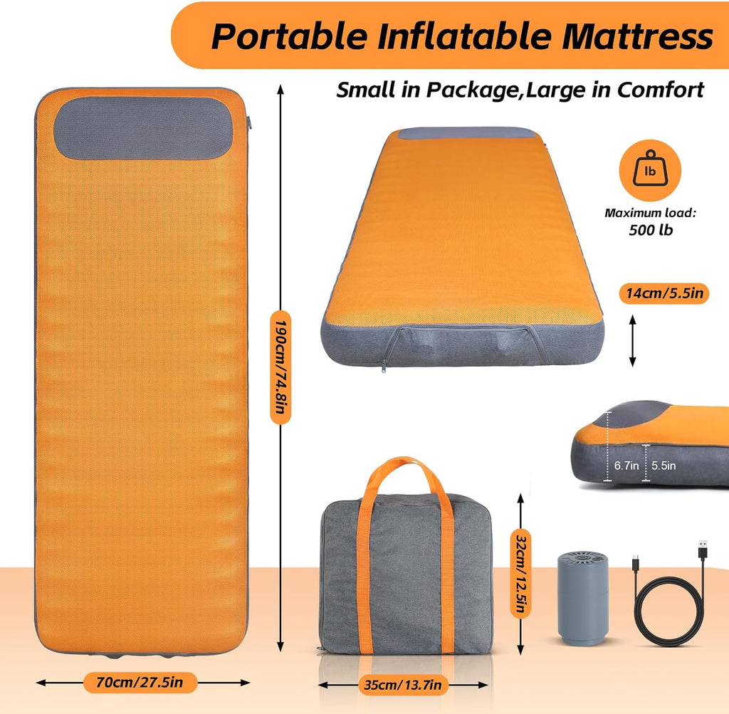 Sleeping Pad, 5.5" Thick Self Inflating Sleeping Pad with Electric Pump,4 Season Camping Mattress Pad with Built-in Pillow, Camping Essentials Gear for Hiking, Backpacking,Tent Use,Camping(Orange)