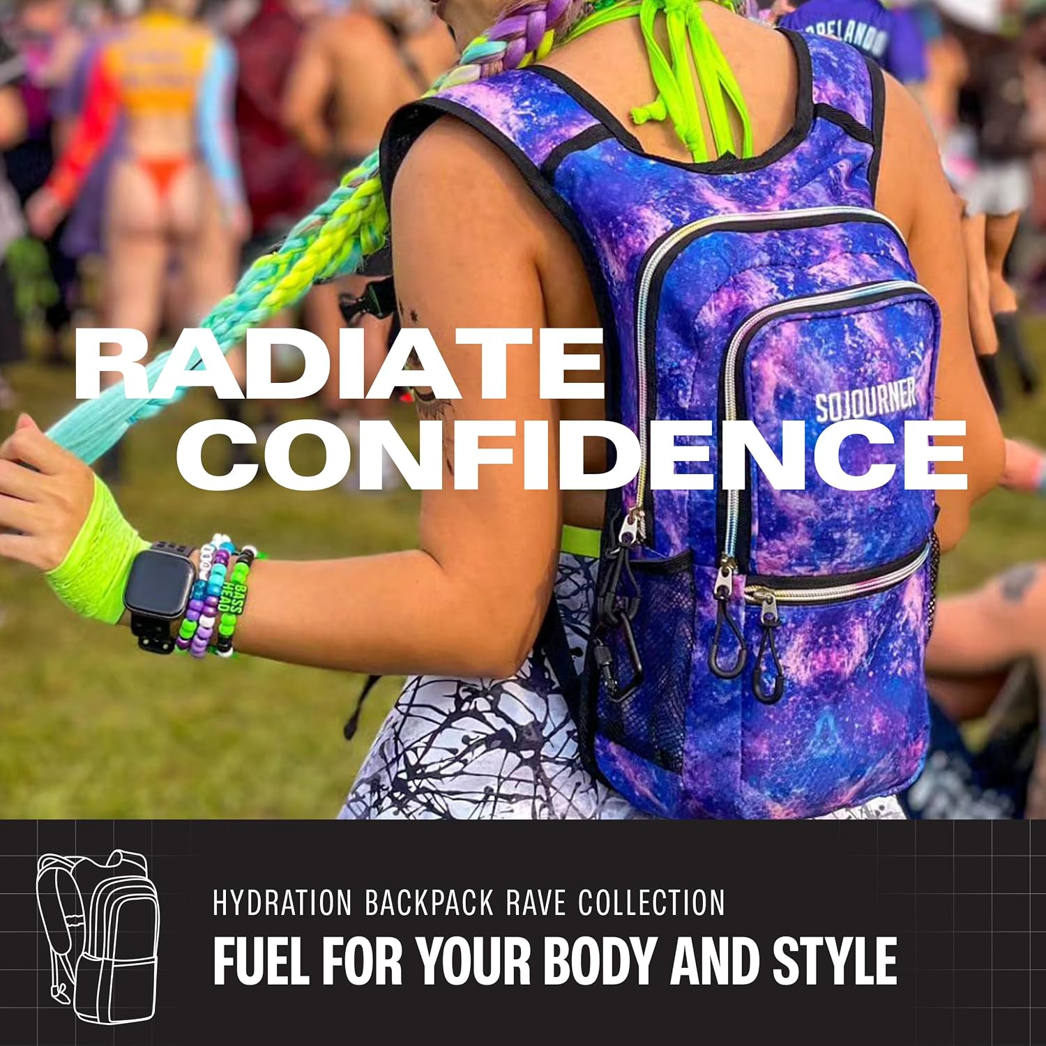 Sojourner Hydration Pack, Hydration Backpack - Water Backpack with 2l Hydration Bladder, Festival Essential - Rave Hydration Pack Hydropack Hydro for Hiking, Running, Biking, Festival Gear