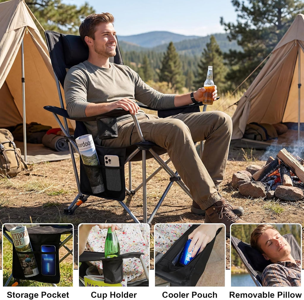 Romswi 2Pack 4-Position Reclining Camping Chair with Removable Footrest, 2-in-1 Adjustable Portable Lounge Chair with Cooler Bag, Cup Holder, Side Pockets & Carry Bag for Outdoor, Mesh Black