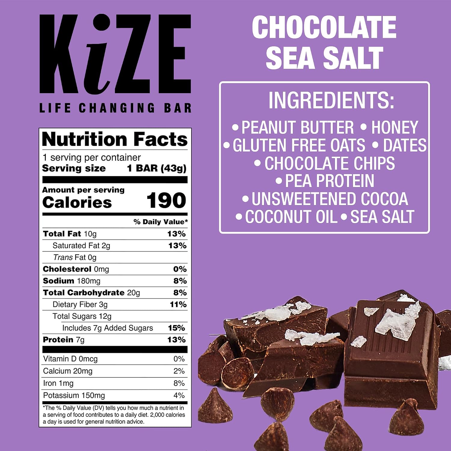 KiZE Energy Bars - Chocolate Sea Salt - Gluten Free, Dairy Free, Non-GMO, and High Protein Meal Replacement Energy Bars, Meal Bas, Clean & Simple Food Ingredients - 7g High Protein Snacks, (10 Count)