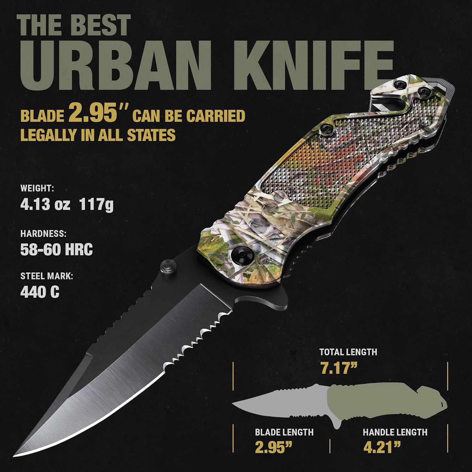 GOOD WORKER Legal Pocket Knife with 2.95” Serrated Blade, Glass Breaker, Seat Belt Cutter - EDC Sharp Folding Knives with Portable Clip - Small Tool for Tactical Camping Survival Hiking - Gifts for Men, Women