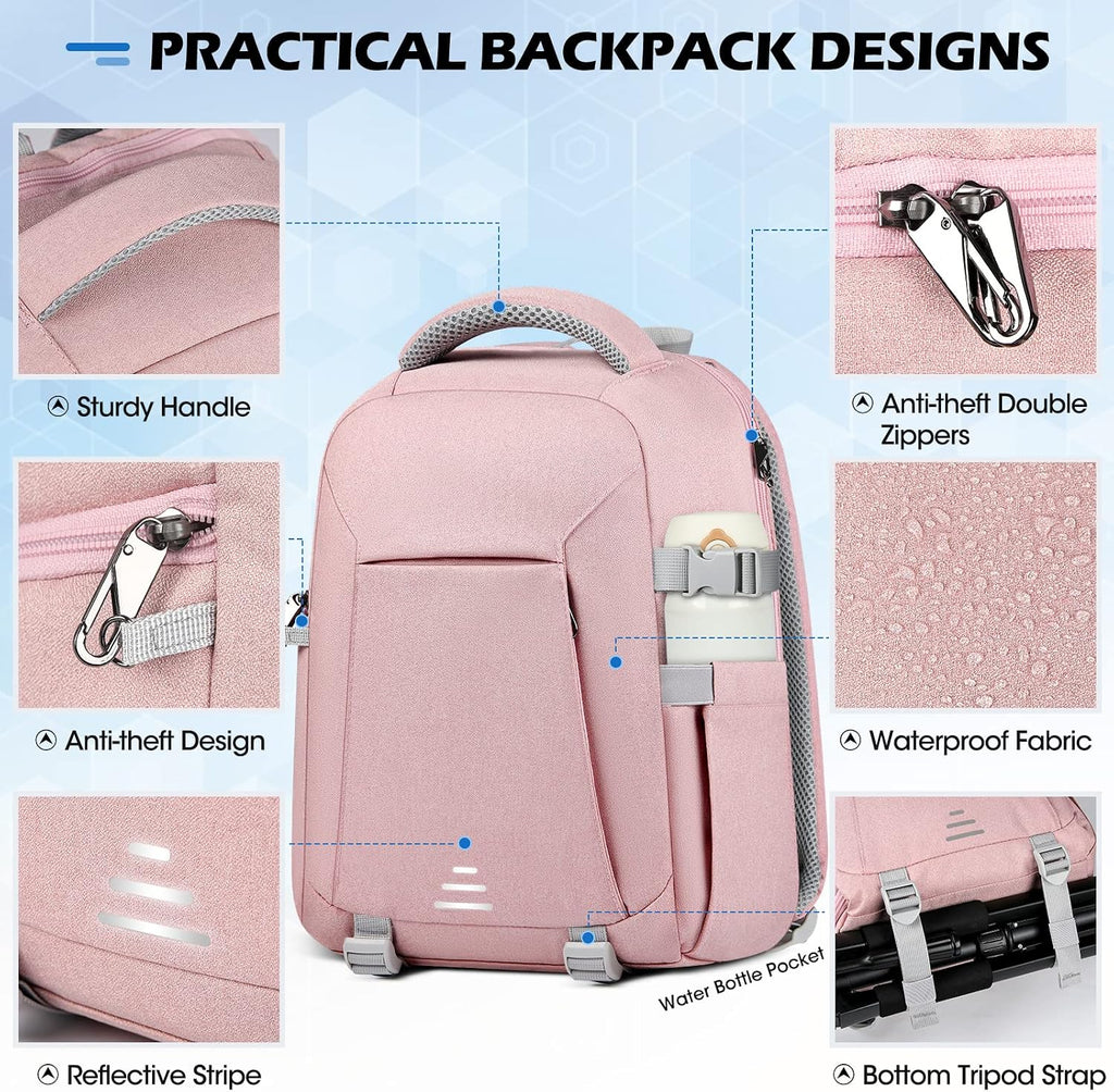 RAINSMORE Camera Backpack for DSLR SLR Mirrorless Cameras - Professional 14 Inch Laptop Compartment Waterproof Photography Bag with Tripod Holder & Rain Cover for Travel & Hiking, Pink