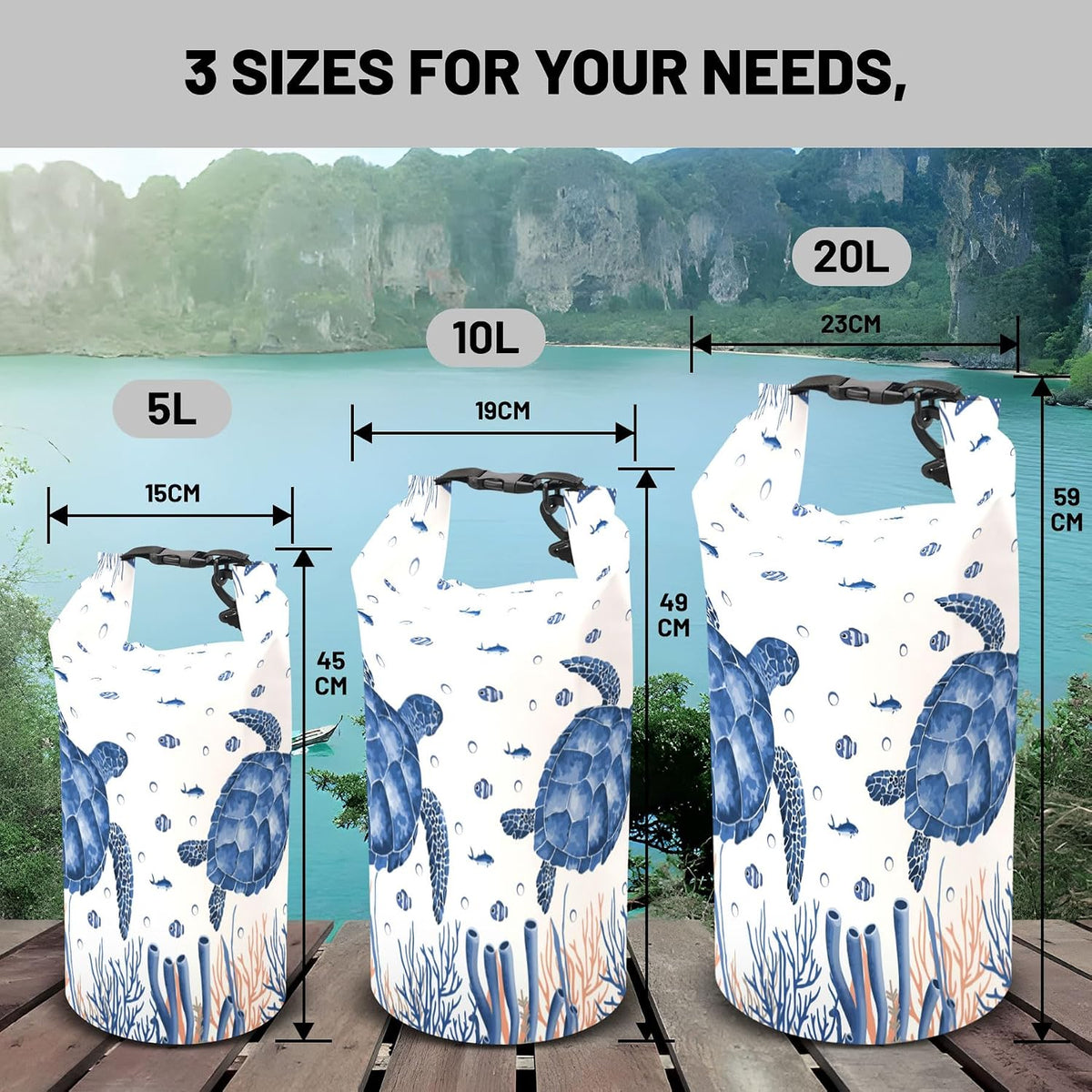 5L Waterproof Dry Bag, Sea Turtle Coral Starfish Backpack for Boating