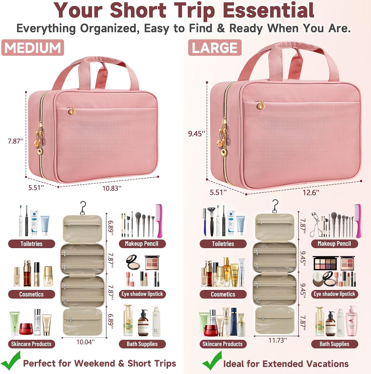 Travel Toiletry Bag for Women, Hanging Makeup Organizer Clear Pockets