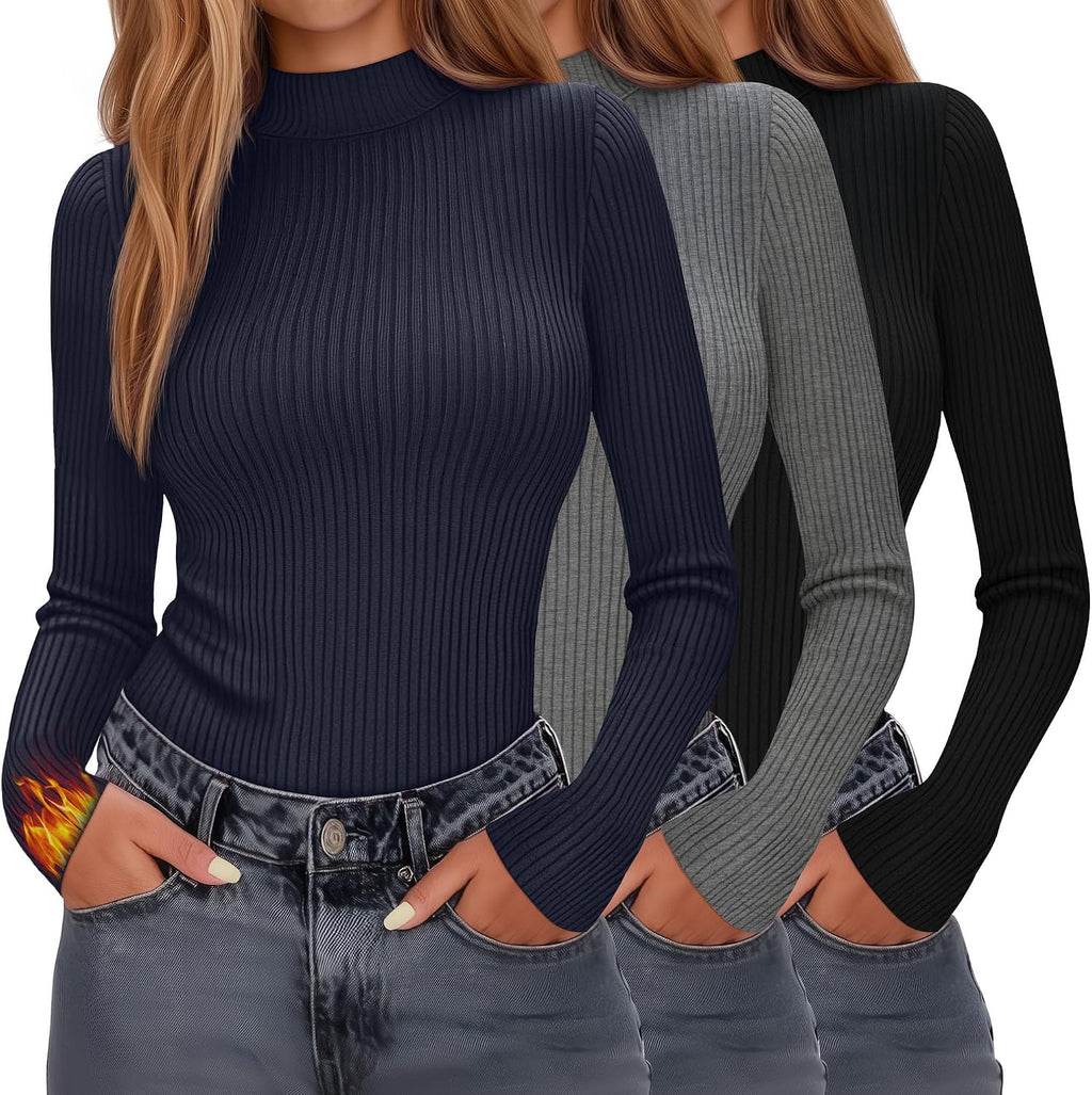 Evervibe 3 Pack Women's Ribbed Mock Neck Thermal Tops