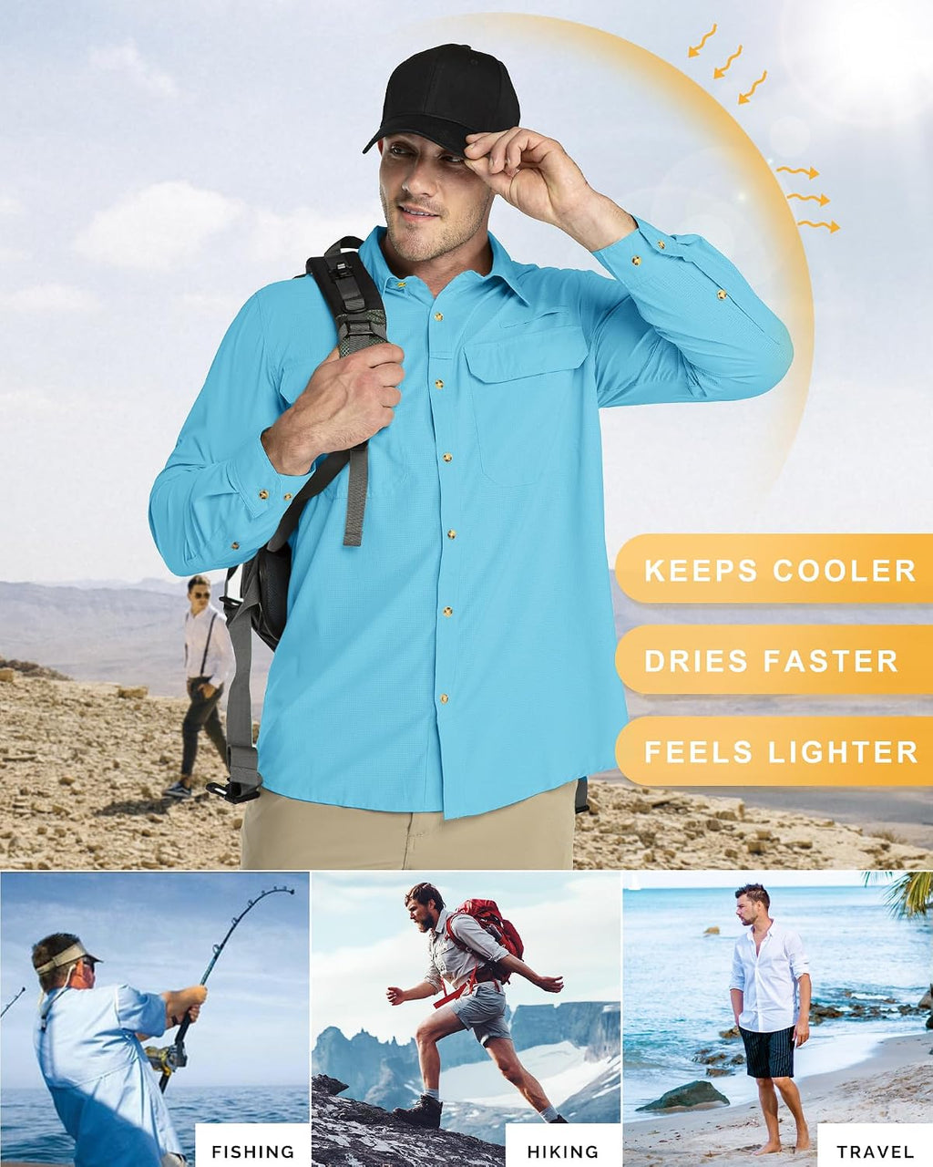 33,000ft Men's Long Sleeve Sun Protection Shirt UPF 50+ UV Quick Dry Cooling Fishing Shirts for Travel Safari Camping Hiking
