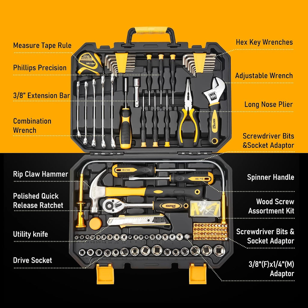 KOOPOOL Tool Set, Tool Box Kit for Mechanic and Car, General Household Home Tool Kit, Basic Tool Kit for Home Auto Repair, with Storage Case