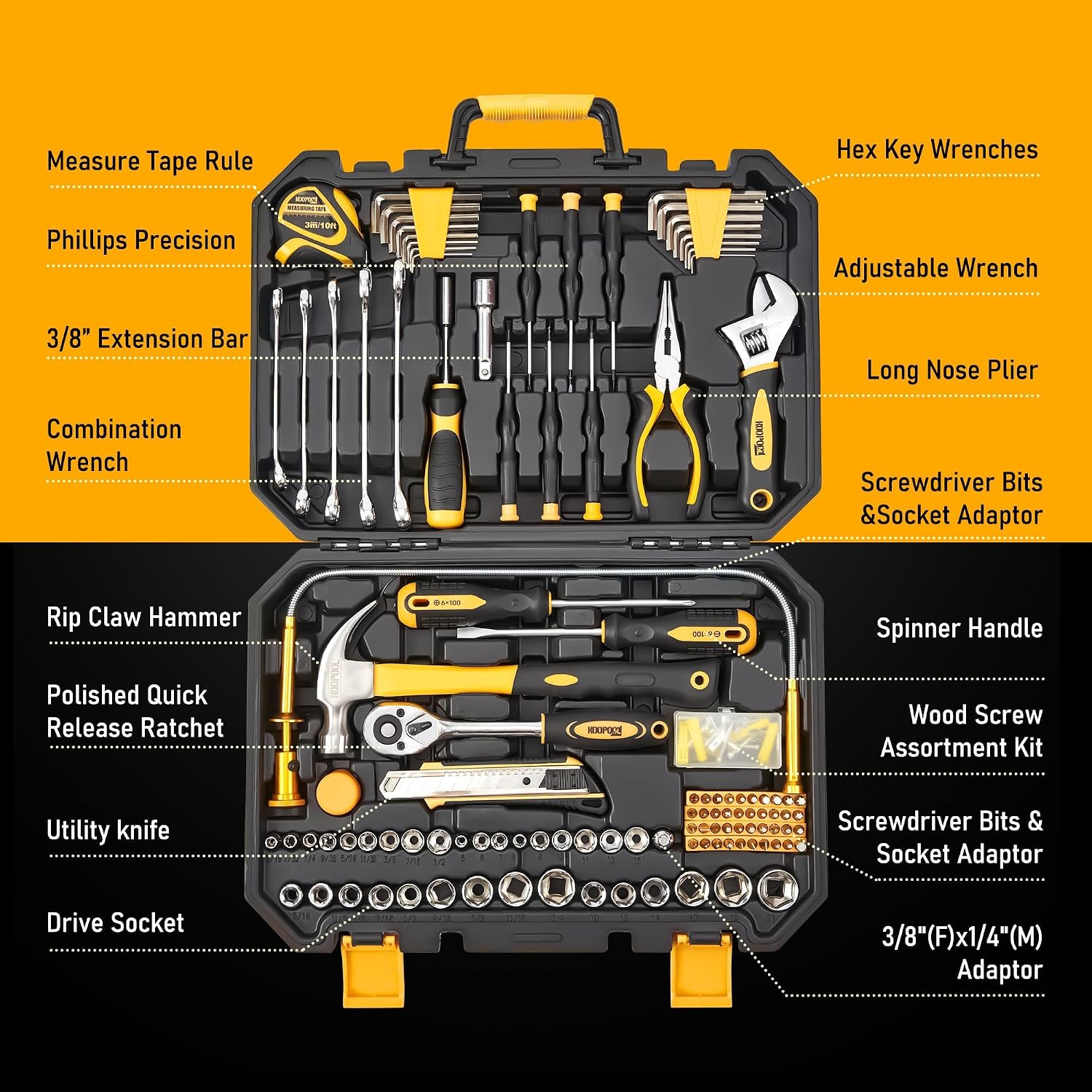 KOOPOOL Tool Set, Tool Box Kit for Mechanic and Car, General Household Home Tool Kit, Basic Tool Kit for Home Auto Repair, with Storage Case