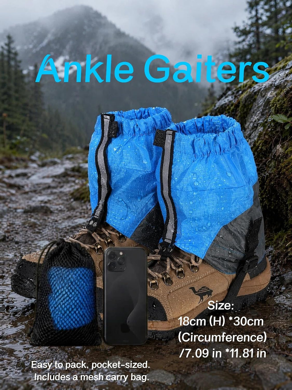 Ankle Gaiters, Lightweight Waterproof Trail Gaiters, Hiking Gaiters for Camping, Desert Trekking, Trail Running, Sandproof Snowproof Leg Gaiters for Men Women