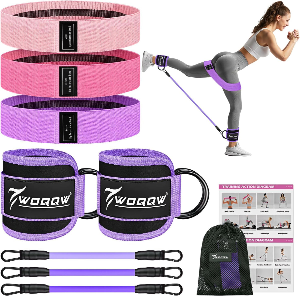 WOQQW Ankle Resistance Bands with Cuffs & Booty Bands Set for Legs & Glutes