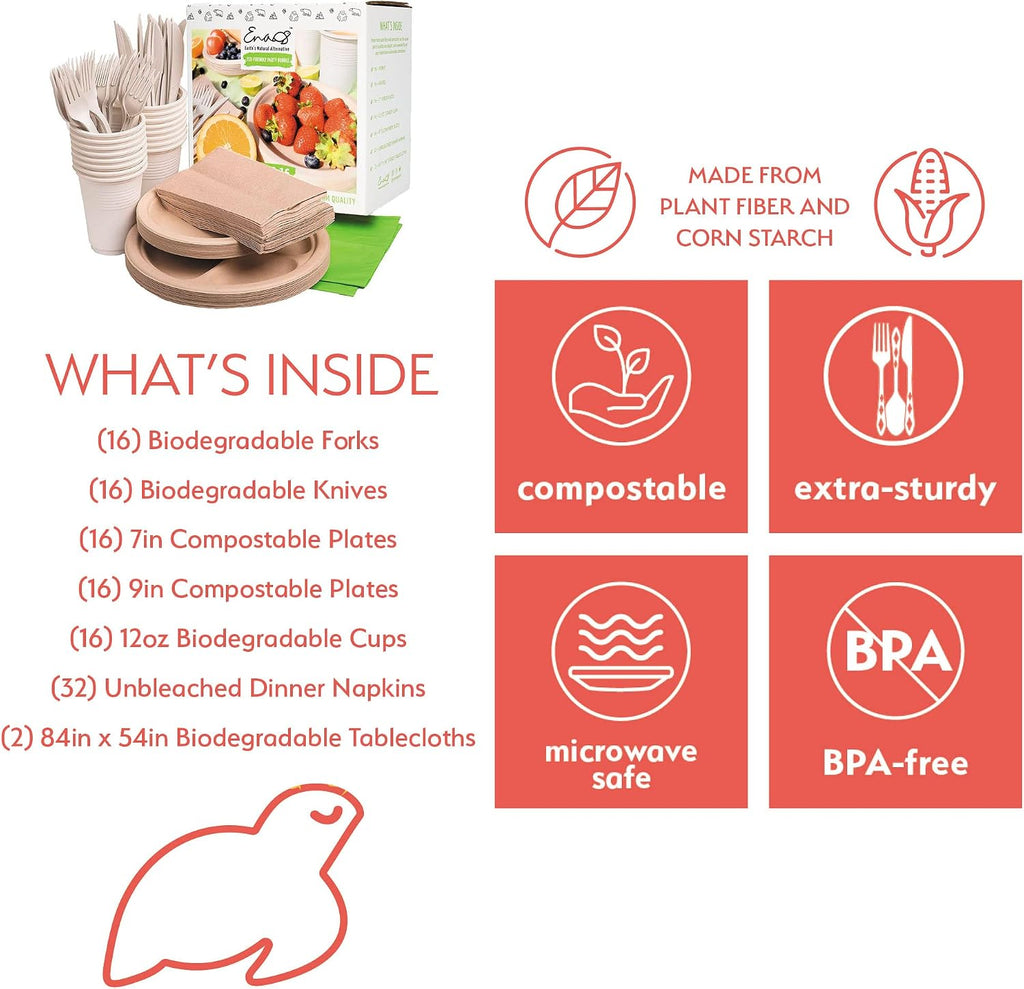 Eco-friendly Camping Supplies [16 Dinnerware Set] for Picnic Basket & Party Supplies. Compostable Paper Plates, Napkins, Biodegradable Utensils, Cups, Green Tablecloths, by Earth's Natural Alternative