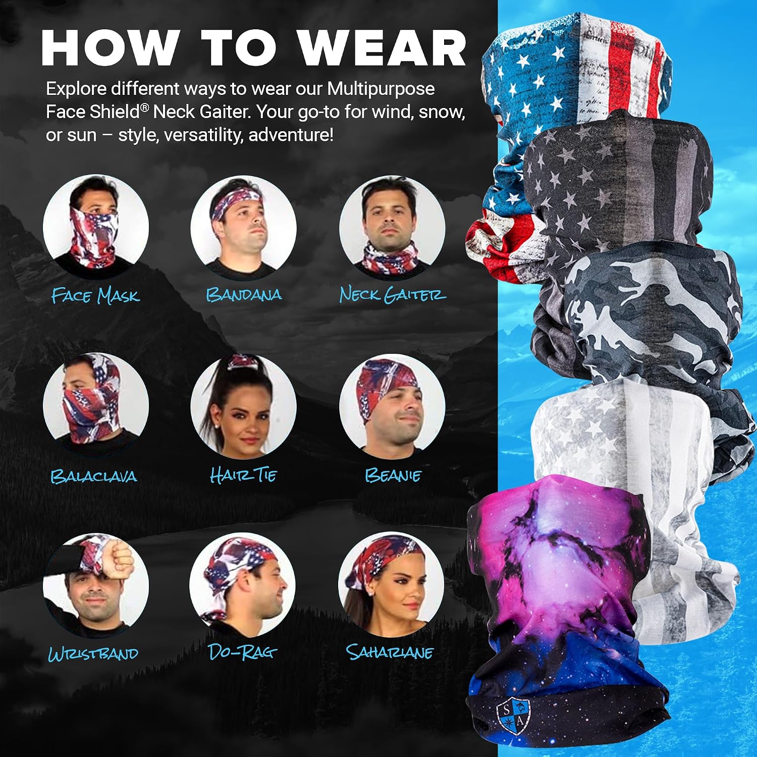 S A Soul of Adventure 5-Pack UV Face Shield | UV 30+ Multipurpose Neck Gaiter Balaclava for Adults | Multiple Color Packs
