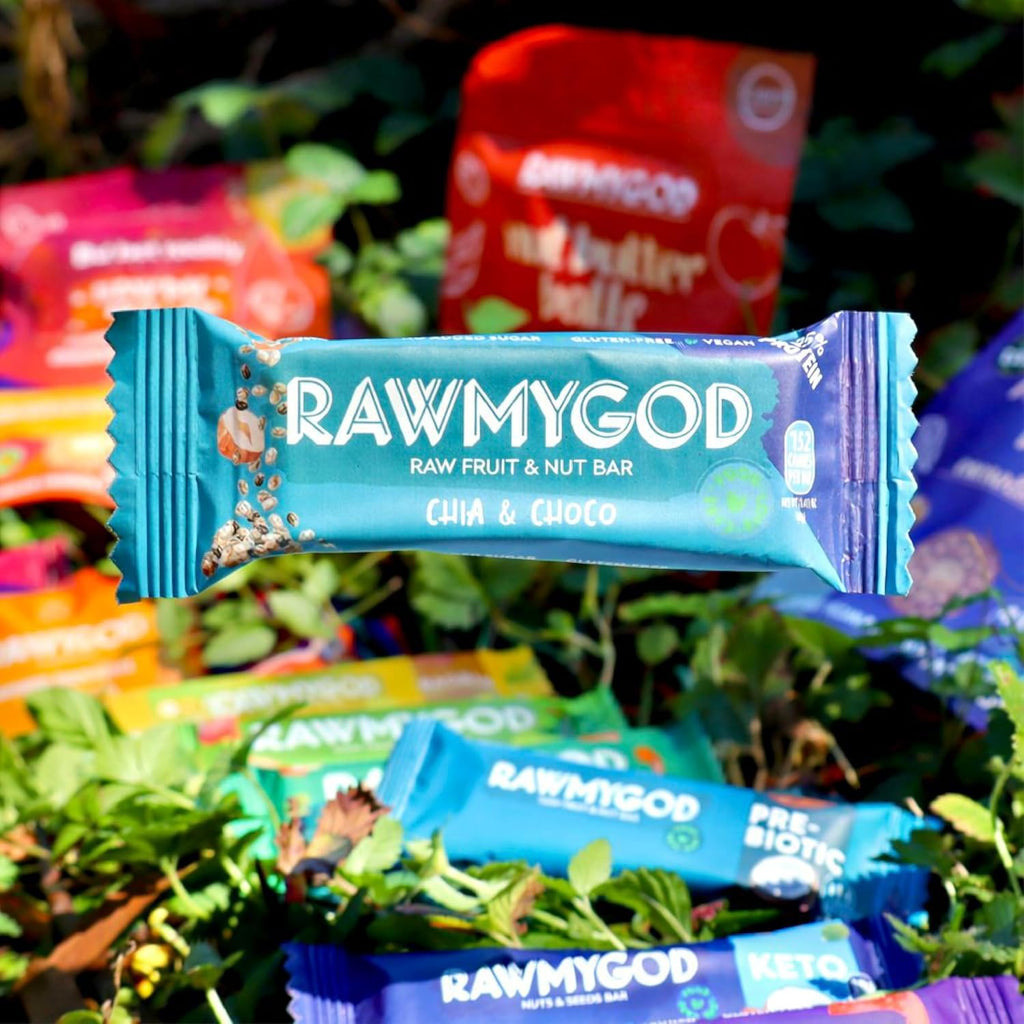 RAWMYGOD Fruit and Nut Bars, Good Source of Protein (10g, 25% protein content), Gluten Free, Vegan, No Added Sugar (16 bars, Chia & Choco)