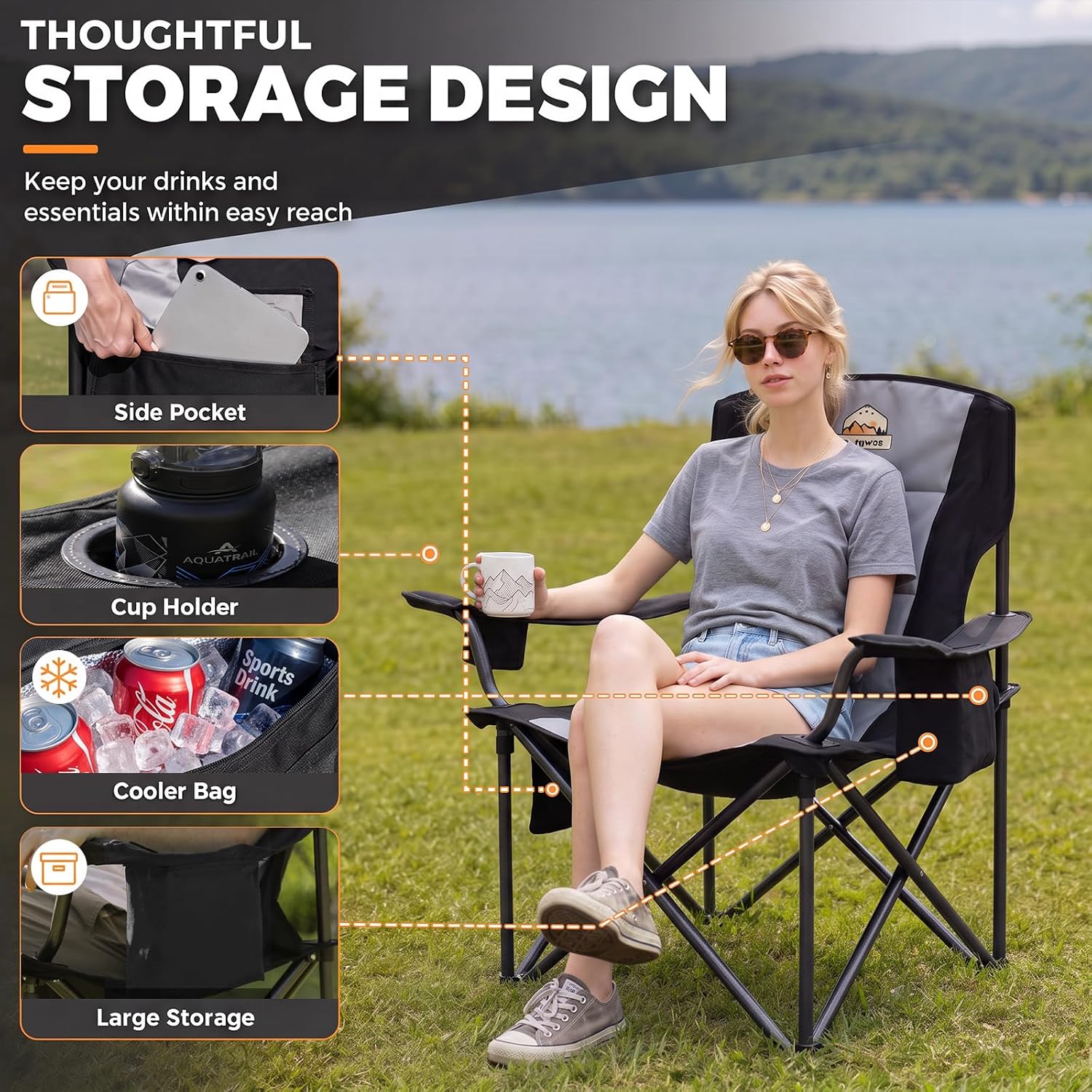 Colegence Oversized Heavy Duty Camping Chairs, 2 Pack, 450 lb, Black