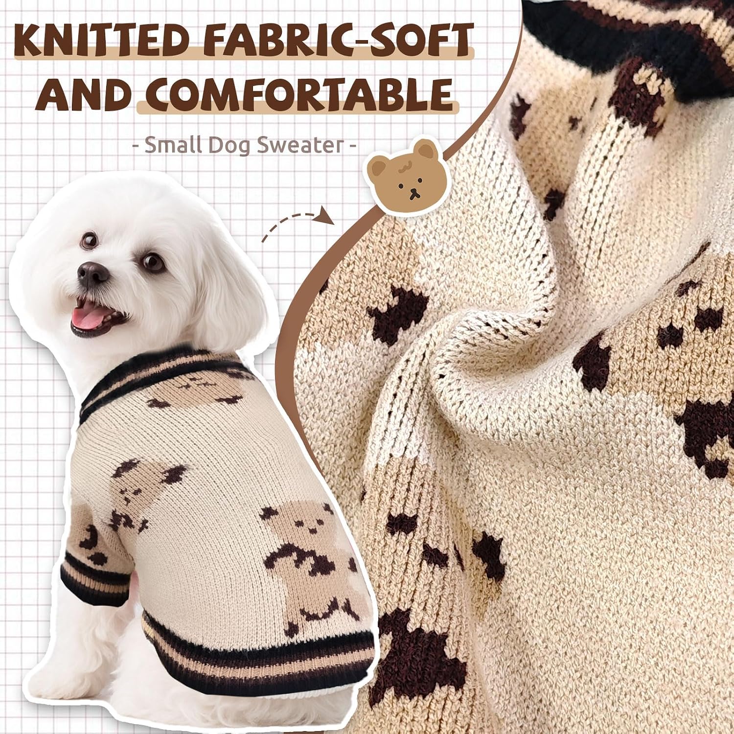 Small Dog Sweaters Cute Bear Knitted Dog Cardigans Clothes for Small Medium Dogs Soft Pet Puppy Cat Knitting Outfits Fall Winter Warm Boy Girl Dogs Knitwear Coat Apparel(Beige, X-Small)