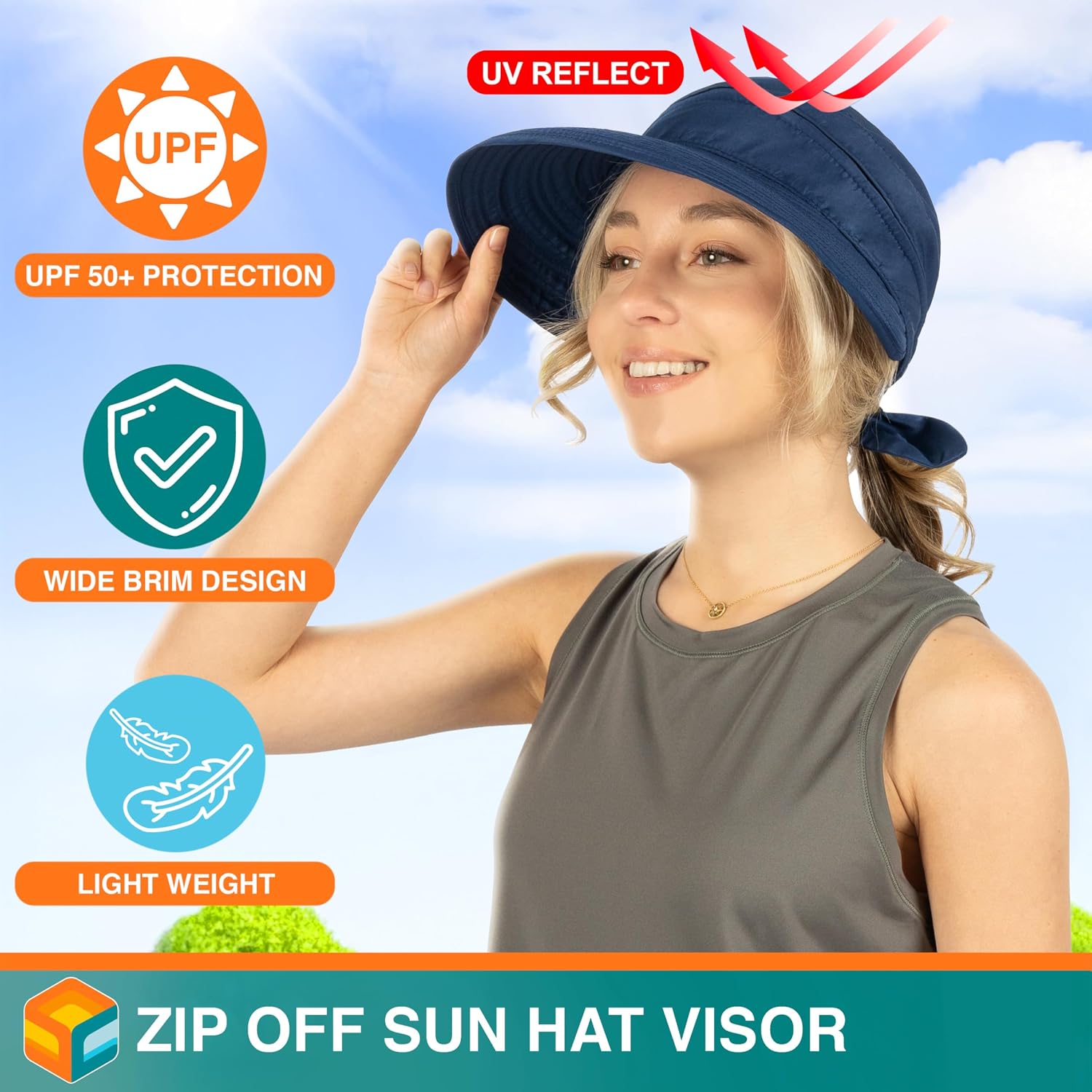 SUN CUBE Womens Sun Hat UV Protection Wide Brim Zip-Off Golf Visor
