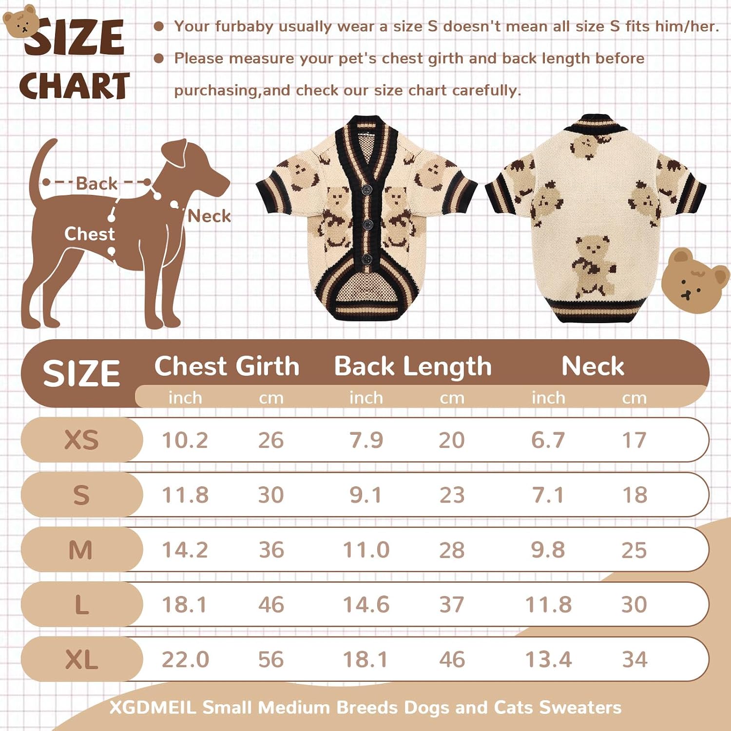 Small Dog Sweaters Cute Bear Knitted Dog Cardigans Clothes for Small Medium Dogs Soft Pet Puppy Cat Knitting Outfits Fall Winter Warm Boy Girl Dogs Knitwear Coat Apparel(Beige, X-Small)