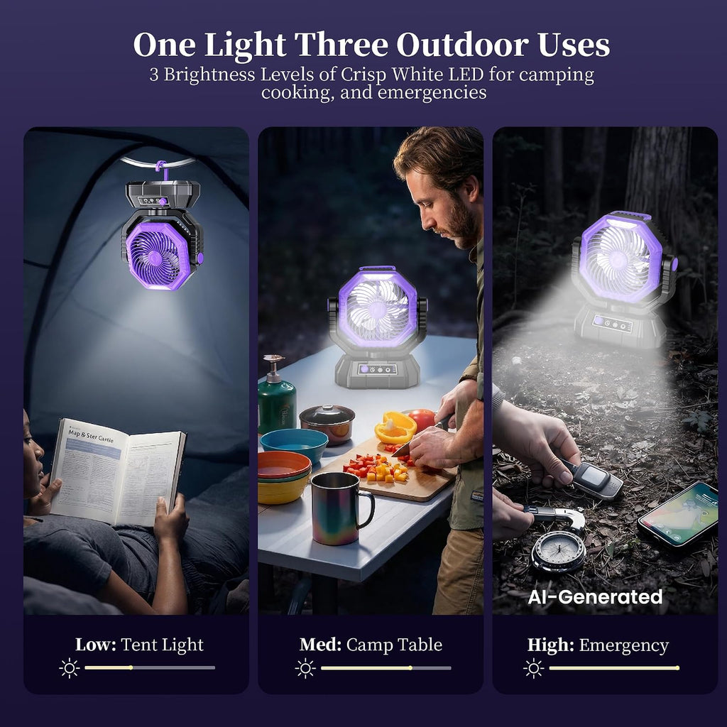 AJVV Camping Fan with Light, Remote and Oscillation, Battery Powered Hanging Tent Fan, Rechargeable Portable for Camp, Outdoor, Emergencies, Fishing, RV Travel, Jobsite