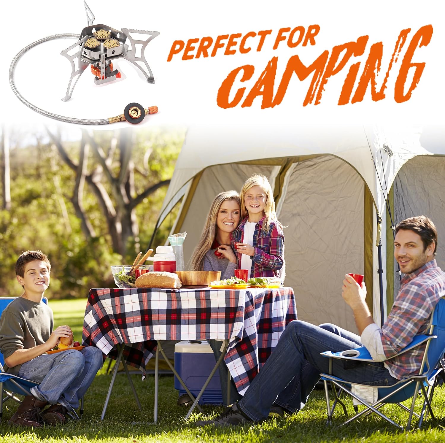6800W Camping Stove with Fuel Canister Adapter, Portable Backpacking Gas Stove with Piezo Ignition, 1LB Propane Tank, Butane Adapter for Outdoor Cooking, Picnic, Camping and Hiking