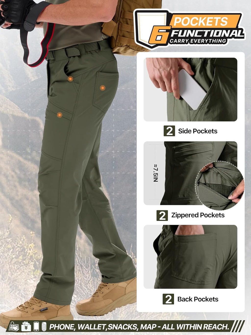FREE SOLDIER Men's Outdoor Cargo Hiking Pants with Belt