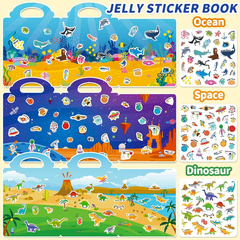 6 Sets Reusable Sticker Book for Toddlers 3-6, Jelly Stickers Book for Kids, Travel Sticker Activity Toys for Childs 3 4 5 6 Years Girls & Boys Best Gifts