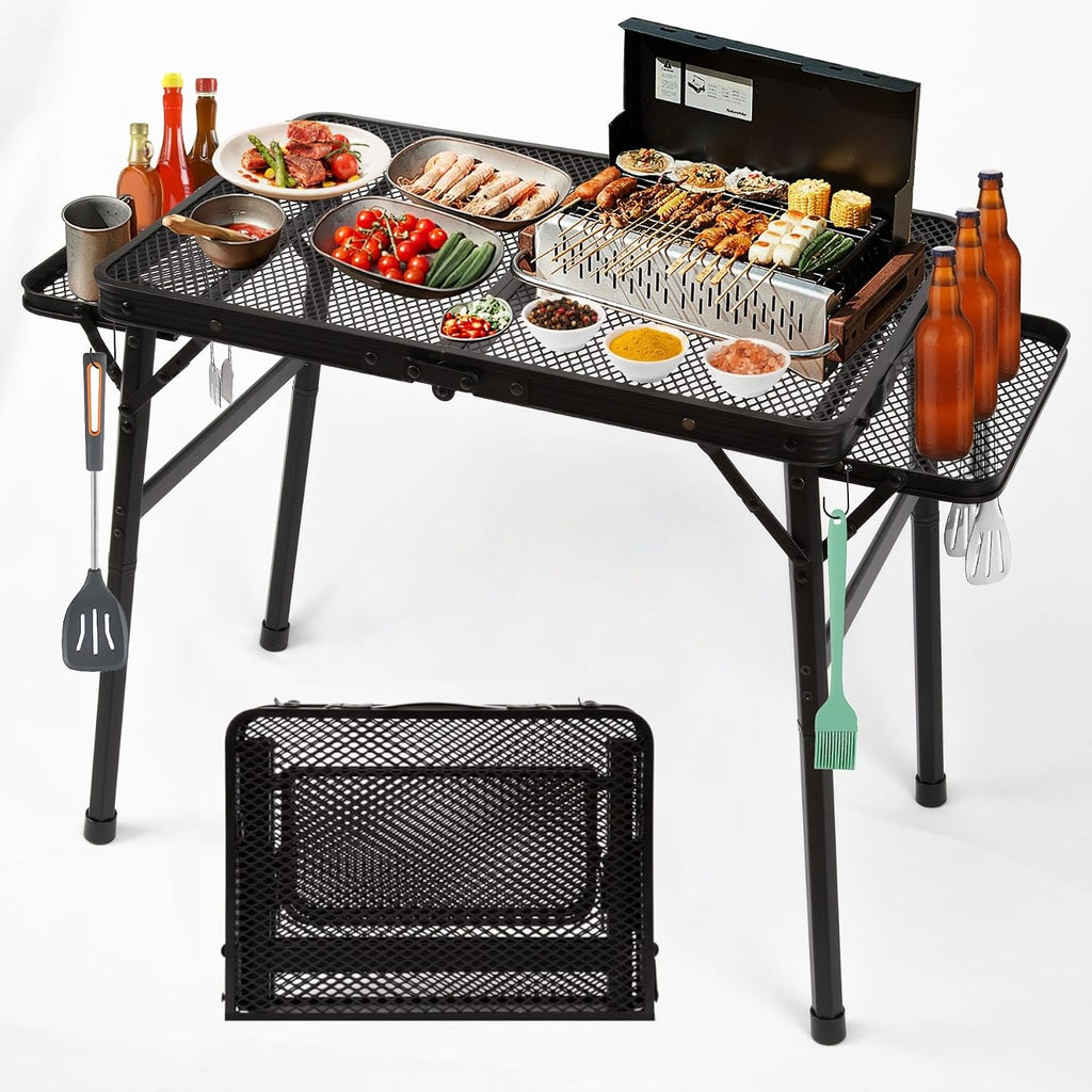 2.5 FT Picnic Table with 2 Wing Panels, Mesh Metal Folding Grill Table Height Adjustable & Lightweight & Portable Table for Outdoor Indoor Camping, Picnic, Beach and BBQ, RV