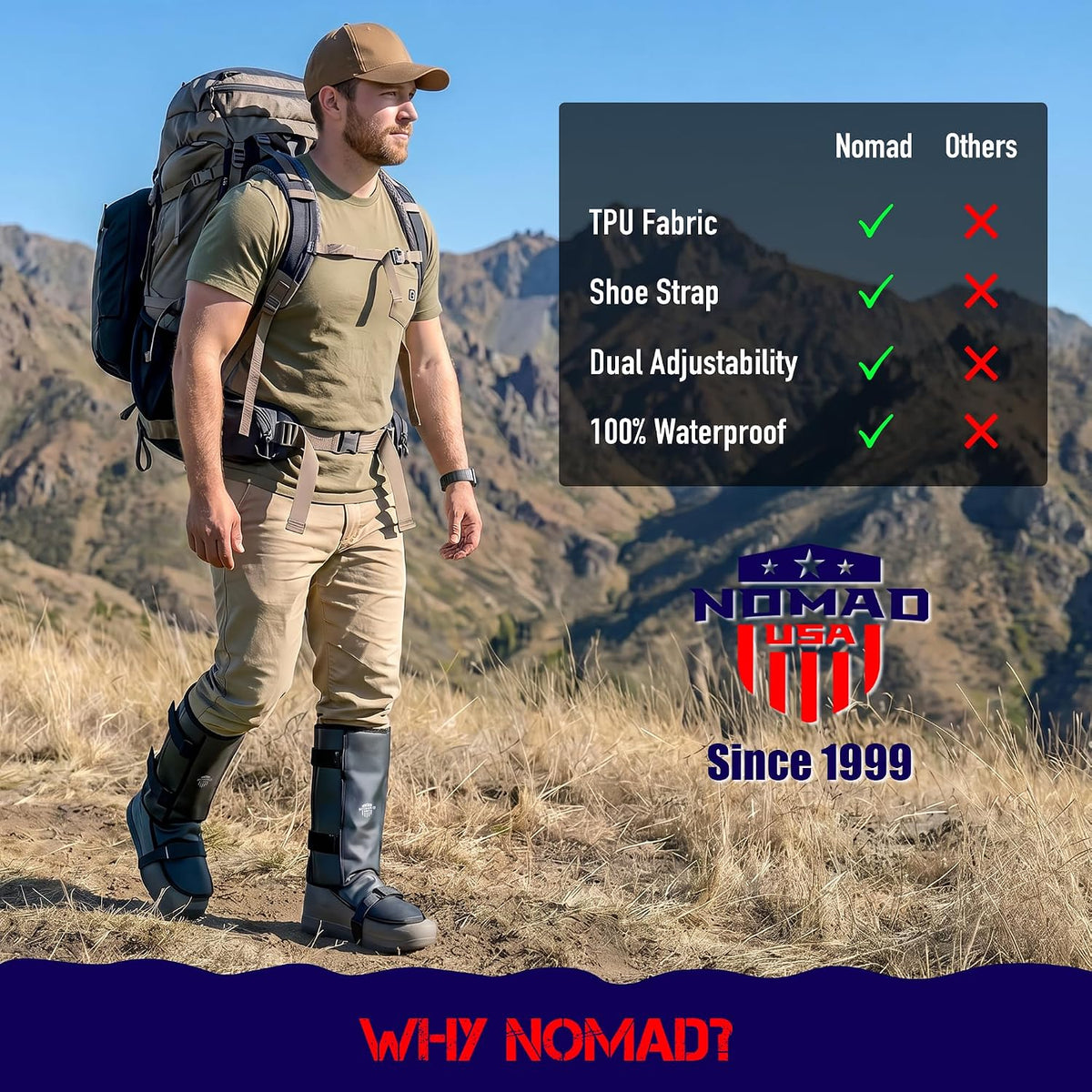 Nomad USA Waterproof Leg Gaiters for Men & Women – Adjustable Lightweight Leg Guards for Snake Bite Protection, Hiking, Hunting, Trekking, Fishing, Climbing & Gardening – 1 Pair