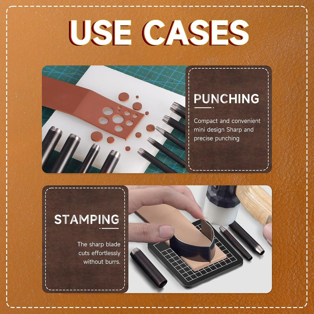 Leather Circle Cutter Tool Set 27 Pcs Leather Punch Set, 9 Round Hole18 Decorative Belt End Punches for Leatherworking, with EVA Case Rubber Mat for Belt, Strap, Bag Making