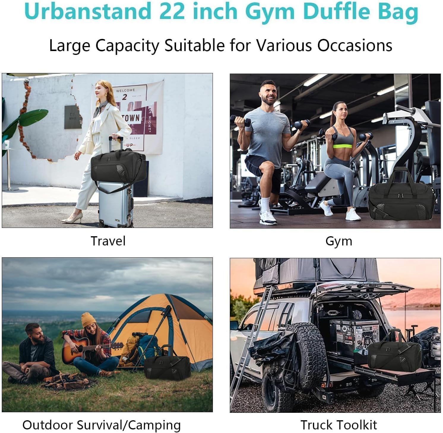 Urbanstand Gym Bag with Shoe Compartment - 50L Black Durable Large Duffle Bag for Travel, Weekender Carry On Duffel Bag for Men, Sports, Fitness & Workout