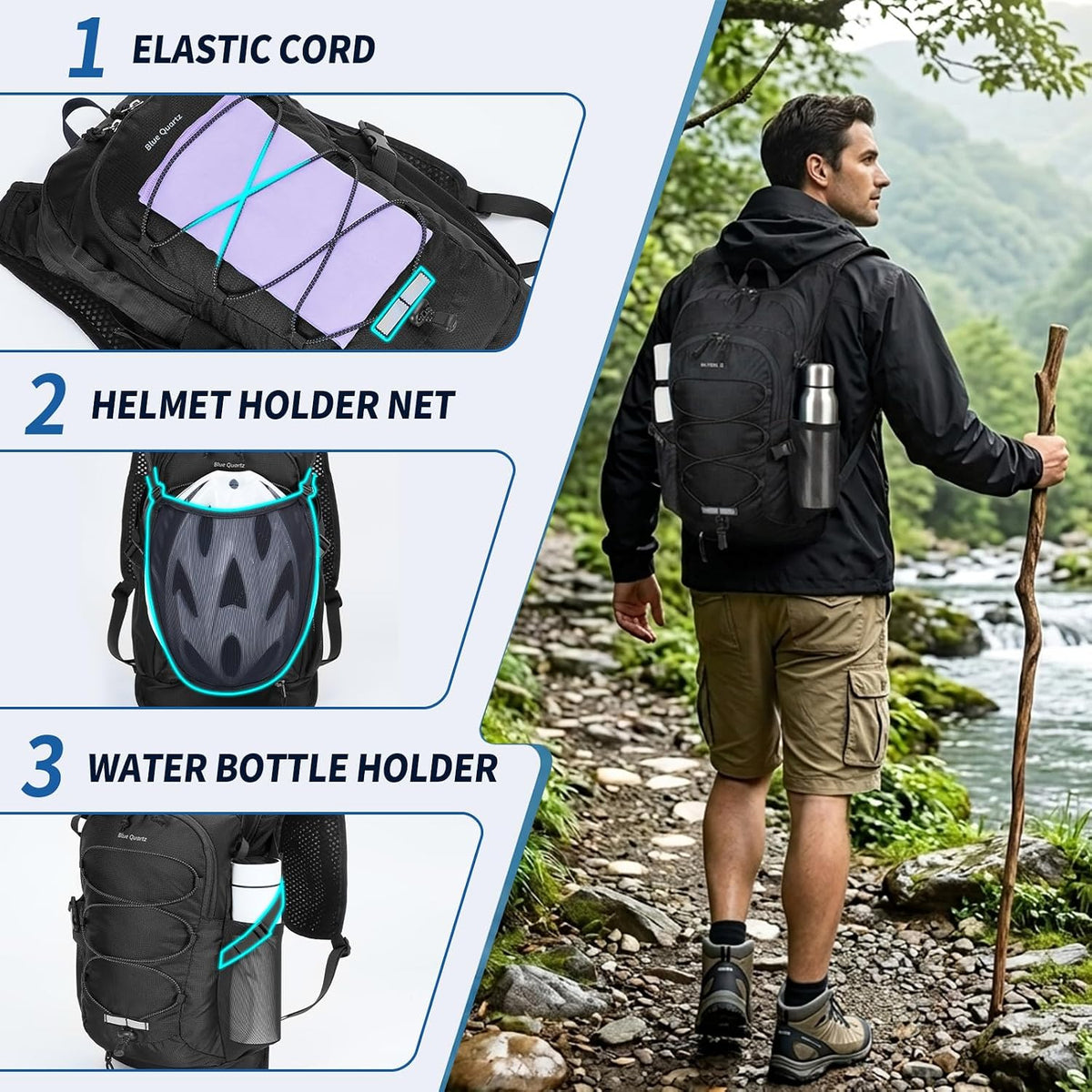 Blue Quartz Hydration Backpack with 2L Water Bladder, 18L Hiking Backpack for Women Men, Lightweight Water Pack with Phone Pocket for Quick Access, Hydration Pack for Cycling, Running, Biking