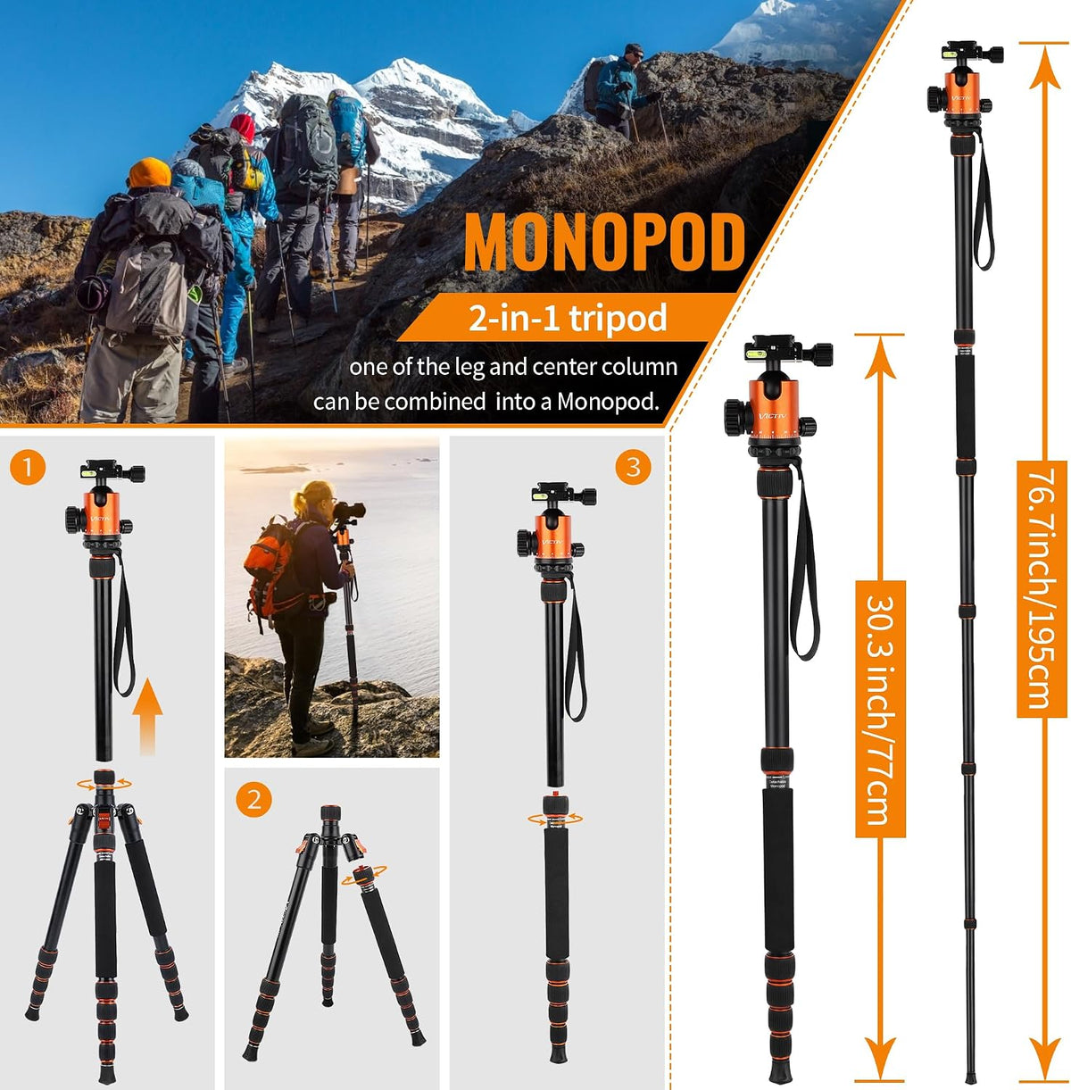 Victiv Camera Tripod, 80" Ball Head Tripod with Carry Bag & Phone Holder