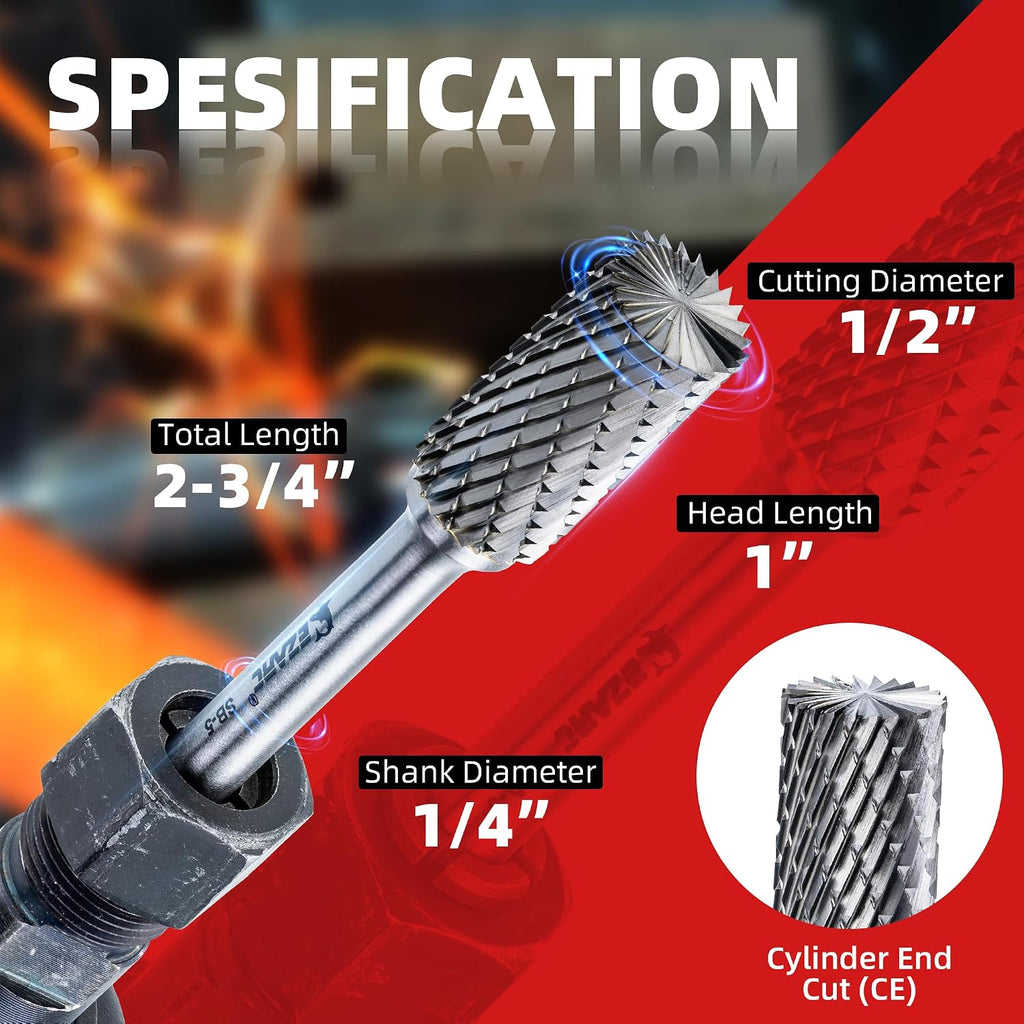 EZARC Tungsten Carbide Rotary Burr Set, 5PCS SB-5 Double Cut, 1/4" Shank