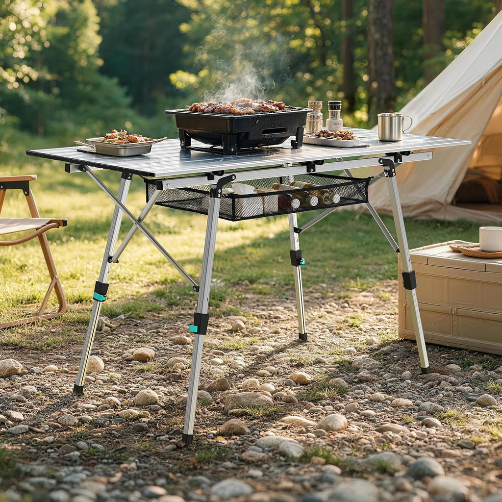 Raynesys Aluminum Folding Camping Table,Adjustable Height & Portable,Silver